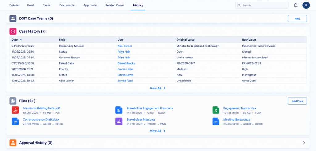A dashboard showing Case history and files