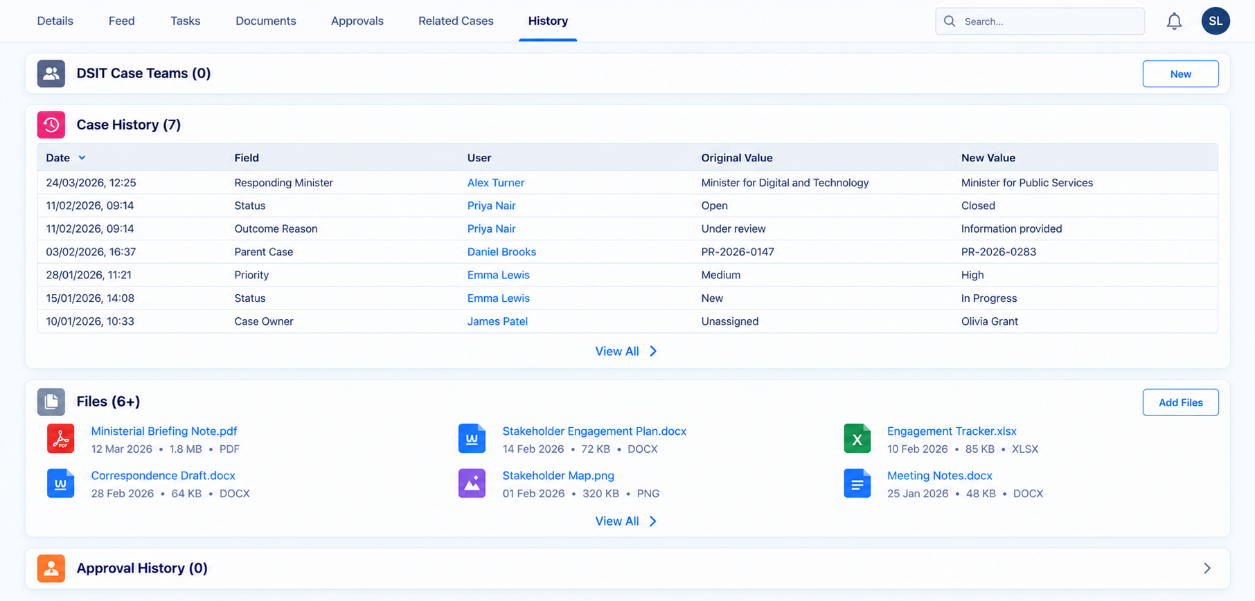 A dashboard showing Case history and files