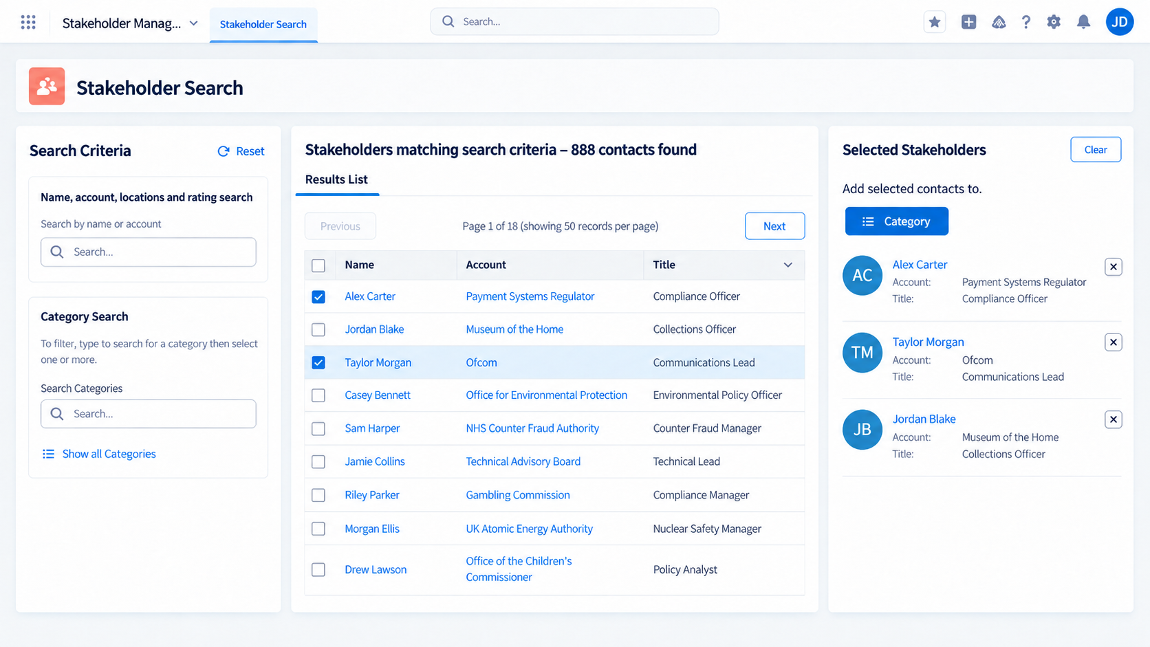 Stakeholder search criteria dashboard